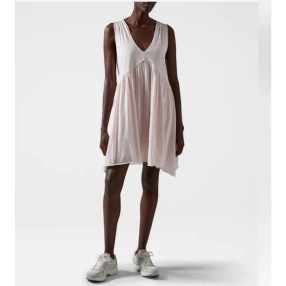 ATM Pink V-Neck Pleated Gathered 100% Cotton Jersey Dress Women's Large - Picture 1 of 8